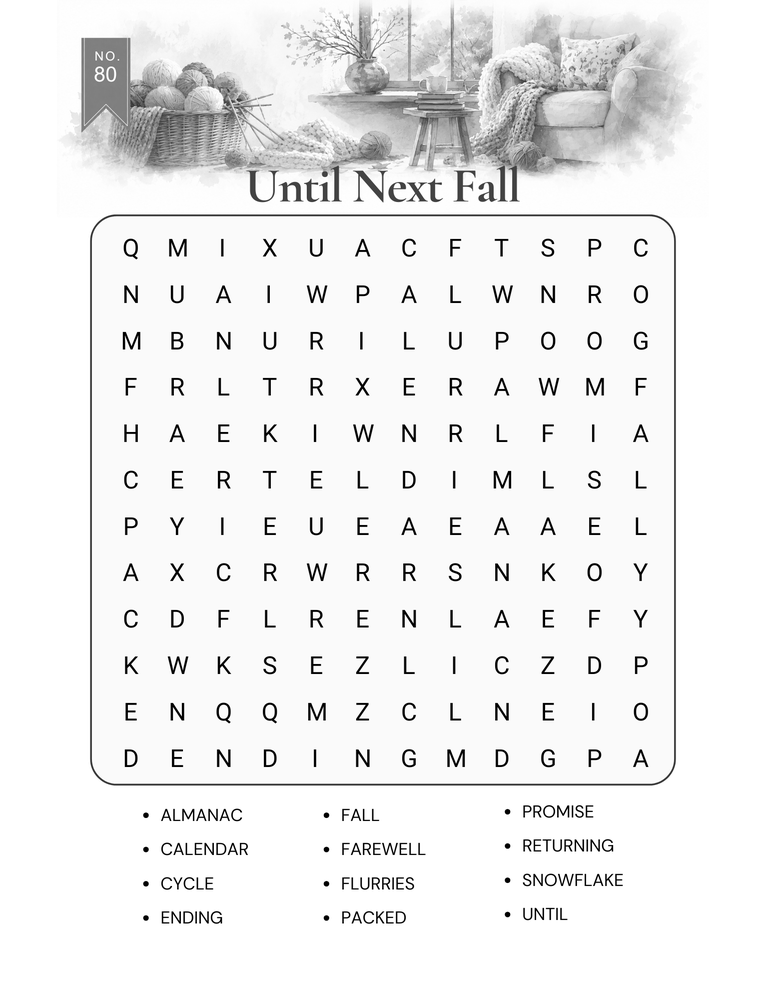 Black and white interior page from Autumn Word Search for Seniors — Until Next Fall puzzle in large print