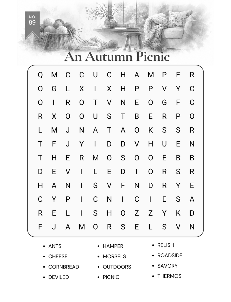Large print autumn word search puzzle for seniors — An Autumn Picnic, with twelve words to find